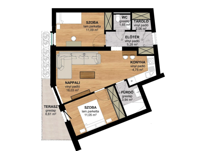 Újépítésű, 3 szobás, erkélyes lakás (58 m²+6,6 m²)